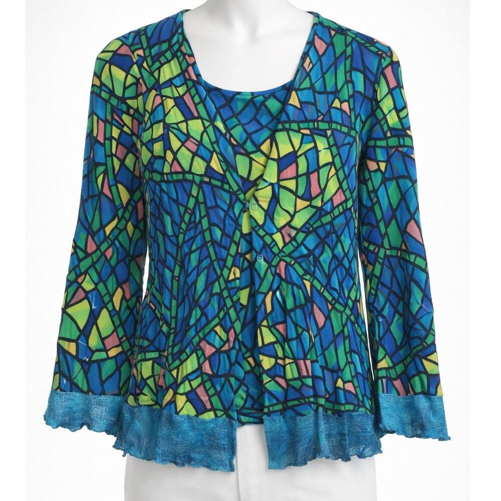 Alberto Makali Cardigan Womens M Green Blue Mosaic Crinkle Button Front